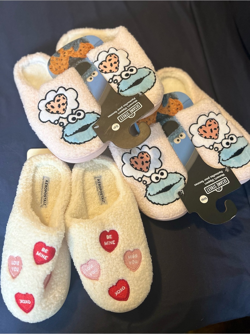Bundle of 3 
Plush Cookie Monster Slippers & Heart Conversation Slippers